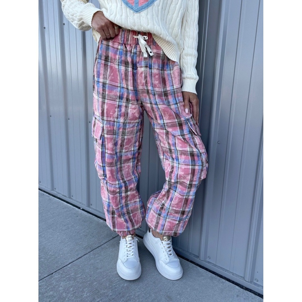 POL Pink Plaid Cargo Jogger Pants Large Baggy Streetwear Utility Boho